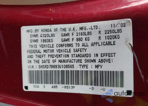 2003 Honda Cr-V Ex z USA, uszkodzony, nr VIN SHSRD78893U108565